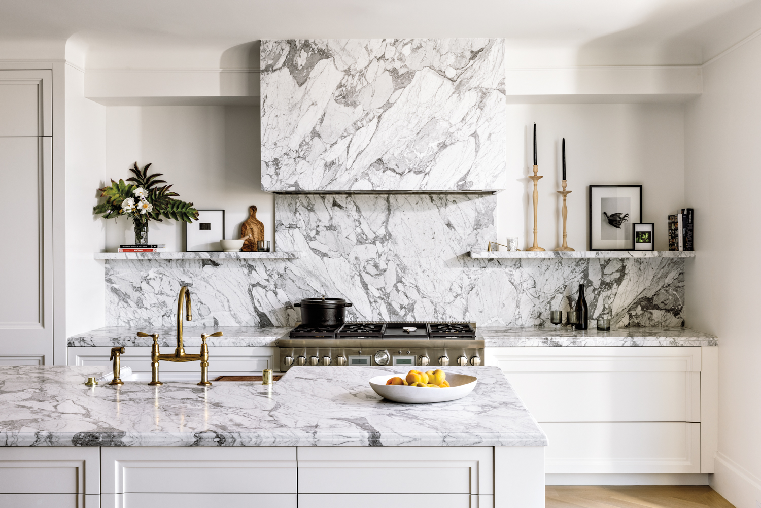 white kitchen with veined marble