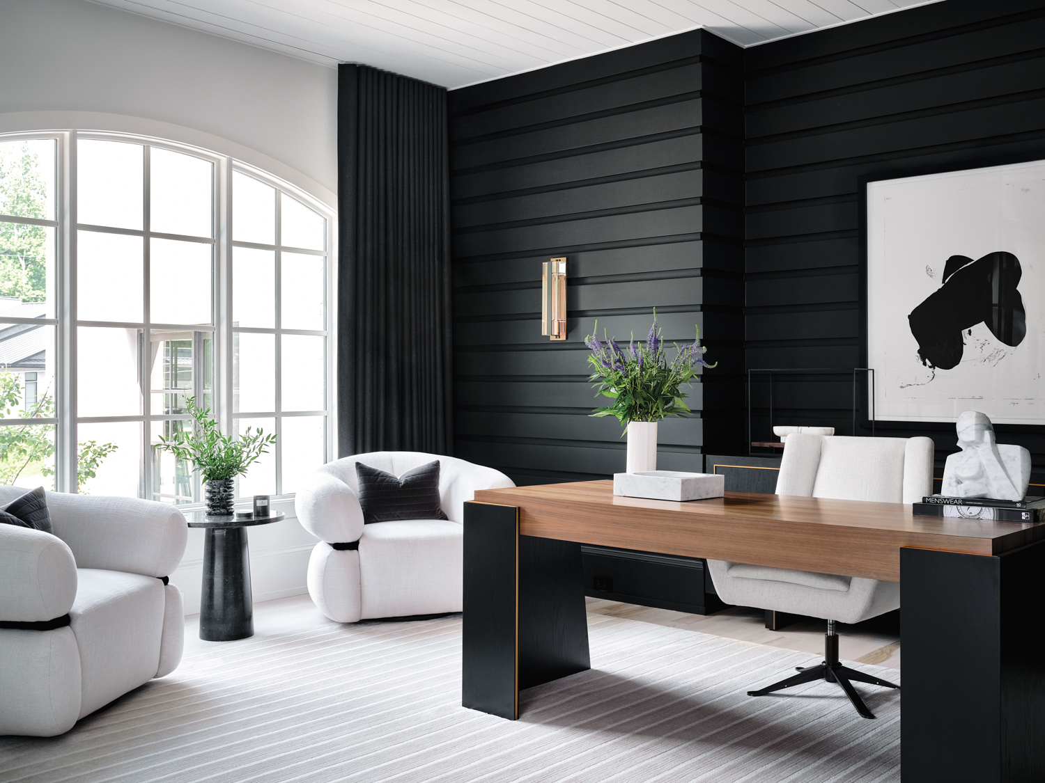 home office with horizontal paneled...