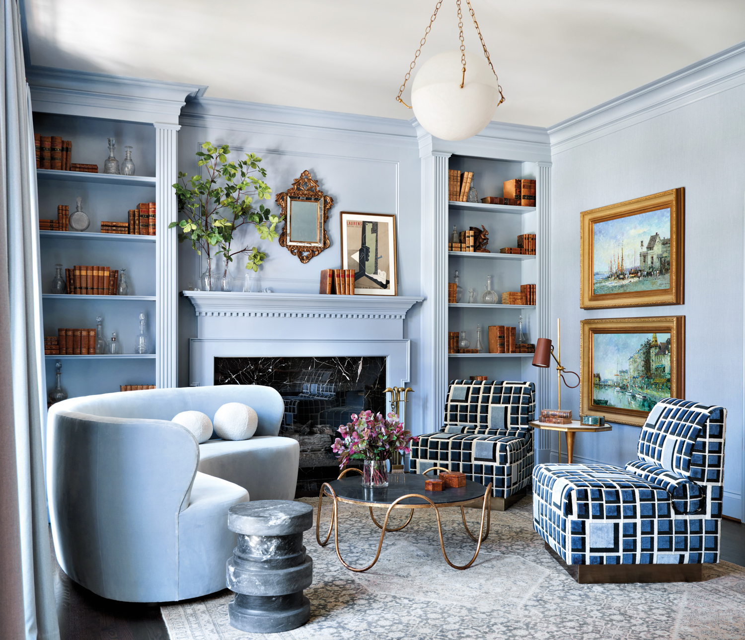 powder blue living room with...