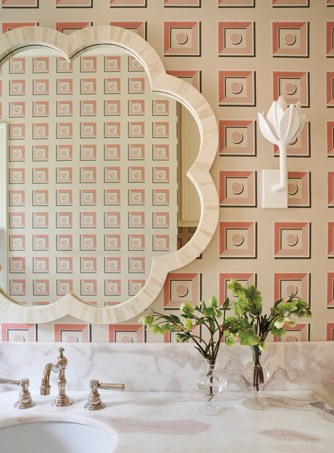 geometric wallpaper bathroom with curvy...
