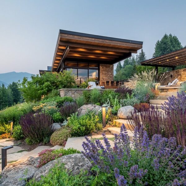 An elegant house featuring a fire pit and breathtaking mountain scenery.