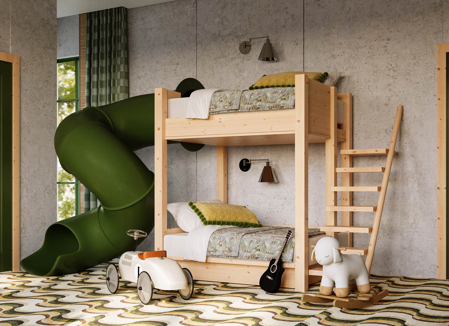 Children's room with wooden bunk beds, a green slide, vintage toy car, and guitar. Playful, cozy vibe with patterned carpet and textured walls.