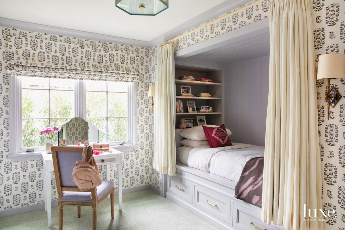 daughters bedroom with draperies and built-in bed