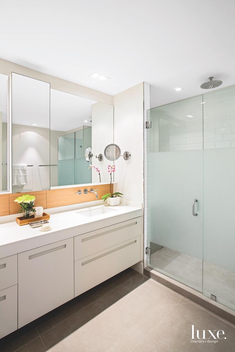 modern bathroom glass shower subway tiles