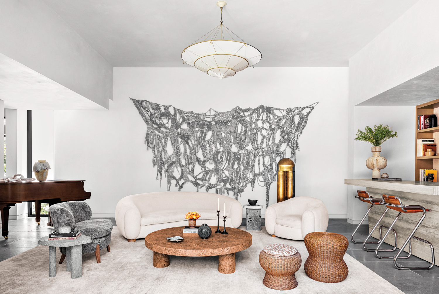 living room with silver artwork