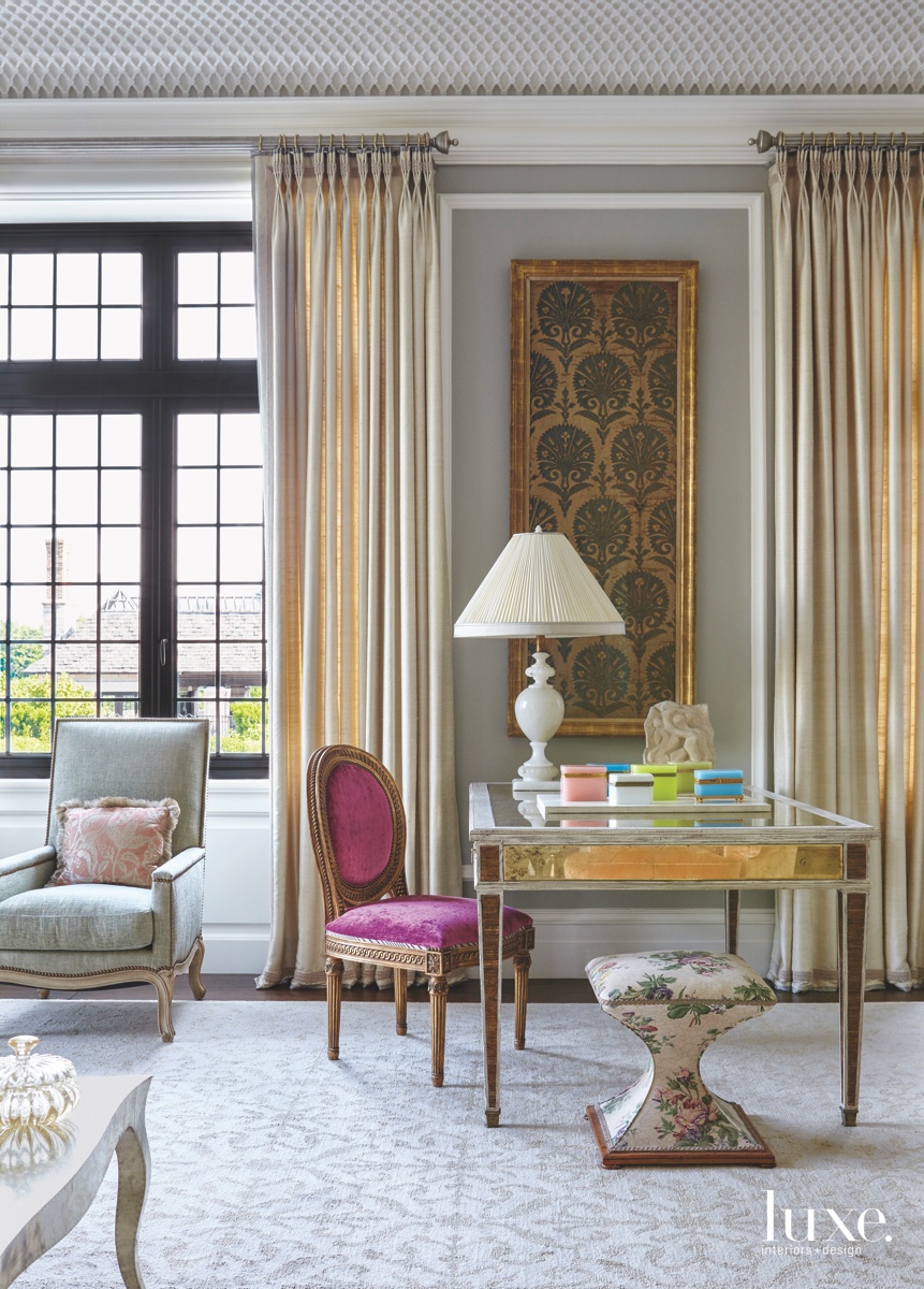traditional living room pink velvet chair gold accents