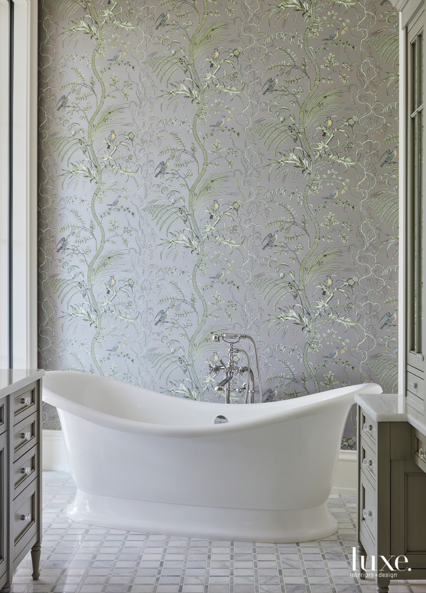 master bathroom victoria + albert tub and silver wallcovering