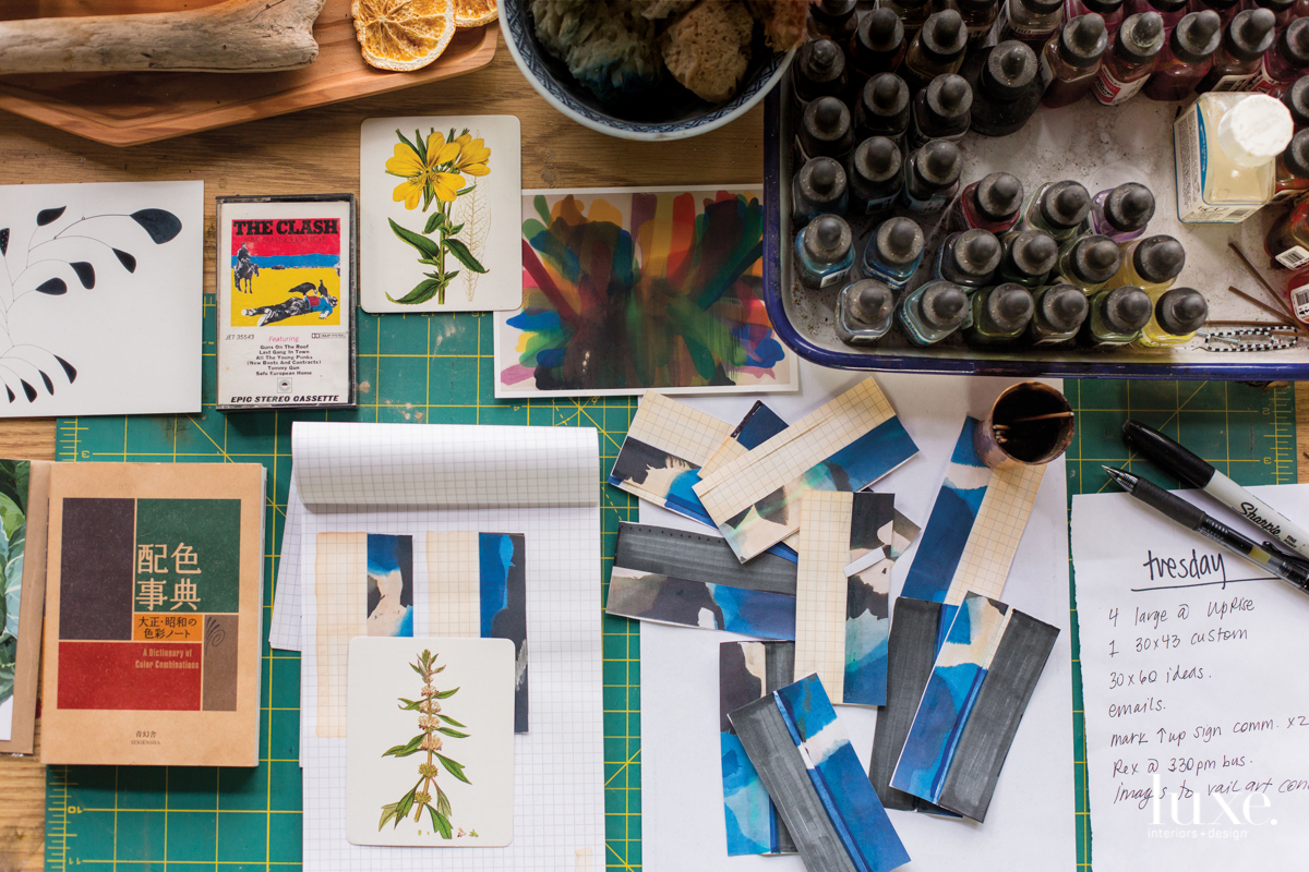 To use as a reference point throughout the multi-step dye process, the artist creates color samples on pieces of paper. To use as a reference point throughout the multi-step dye process, the artist creates color samples on pieces of paper.