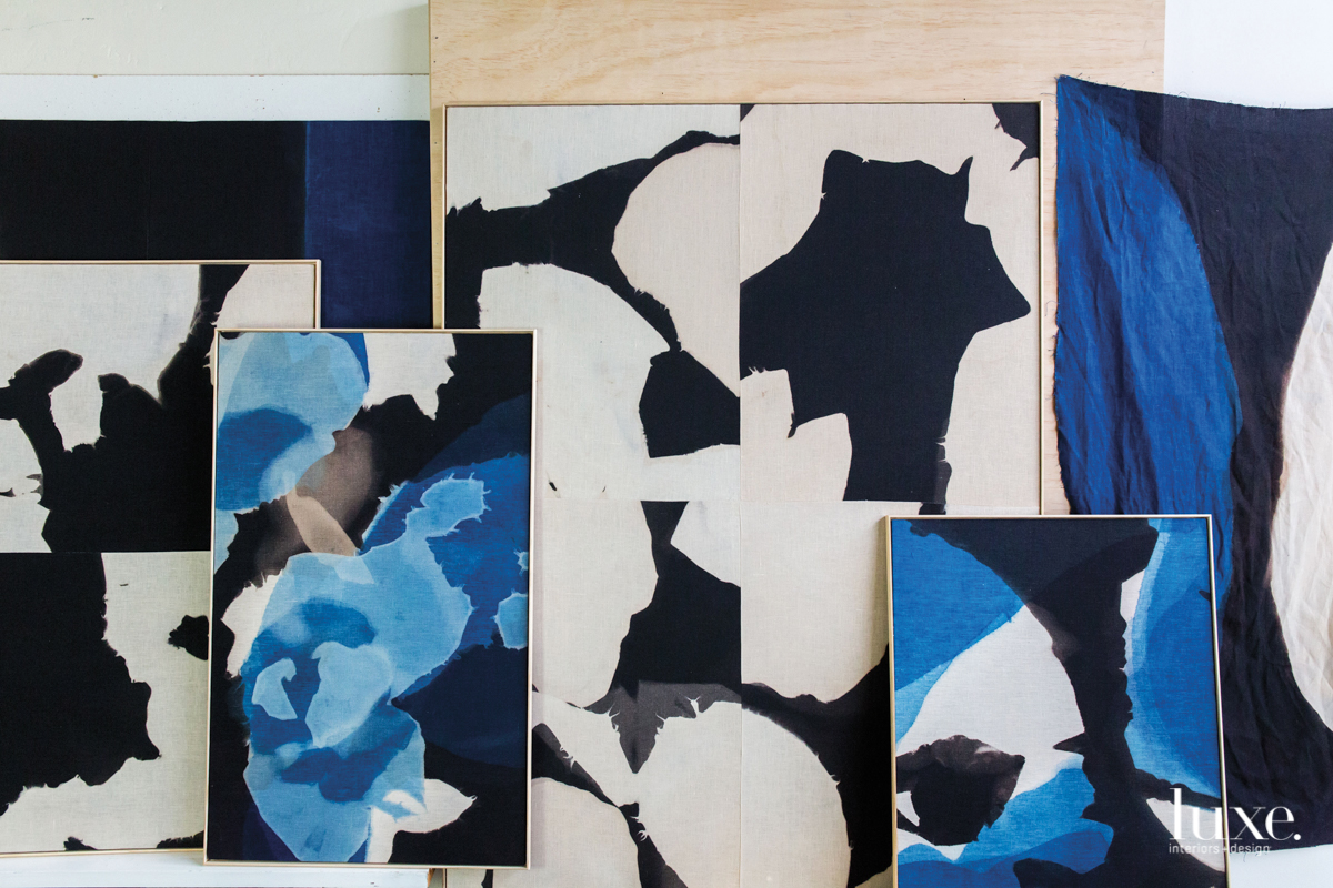 When dry, the cloth is stretched over a wooden frame to create a painterly work of art. When dry, the cloth is stretched over a wooden frame to create a painterly work of art.