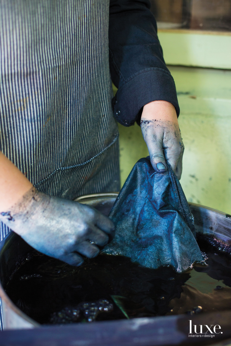 Her hues are applied to linen cloth that's dipped into vats of natural dyes. Her hues are applied to linen cloth that's dipped into vats of natural dyes.
