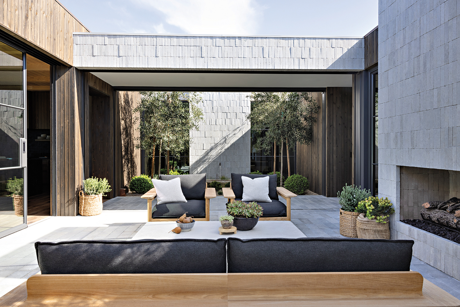 contemporary courtyard with limestone accents