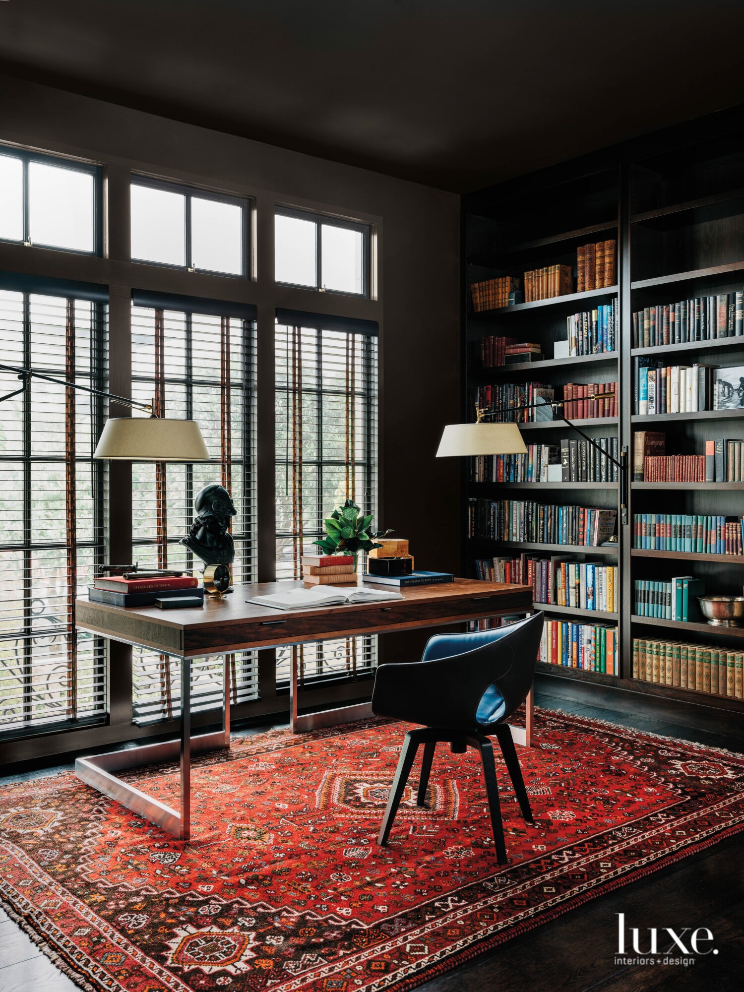 The library is painted in dark blue tones.