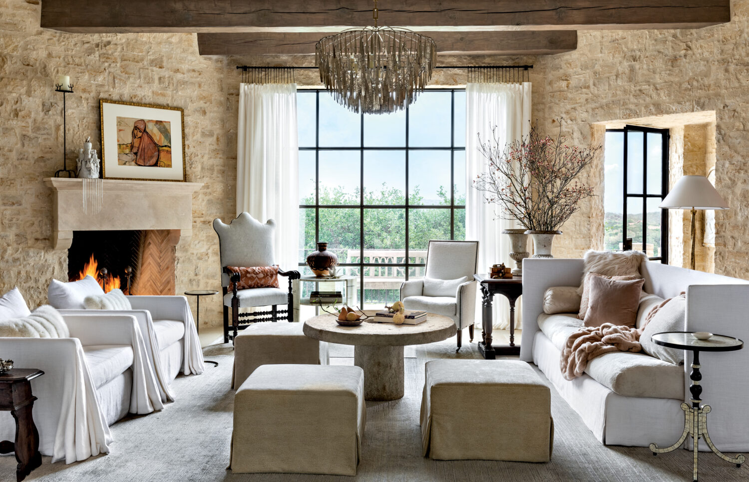 Old World-style living room with a light brick wall