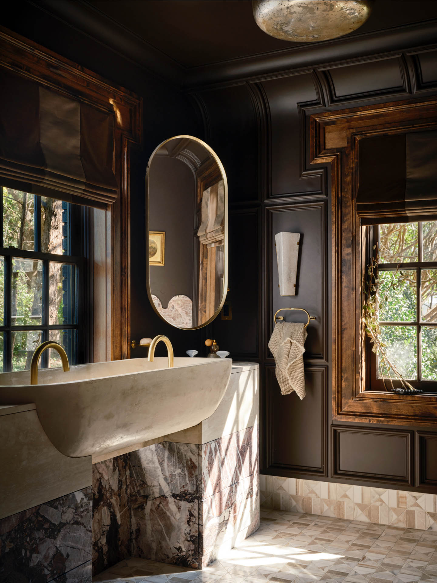 rich brown walls in a luxurious bathroom