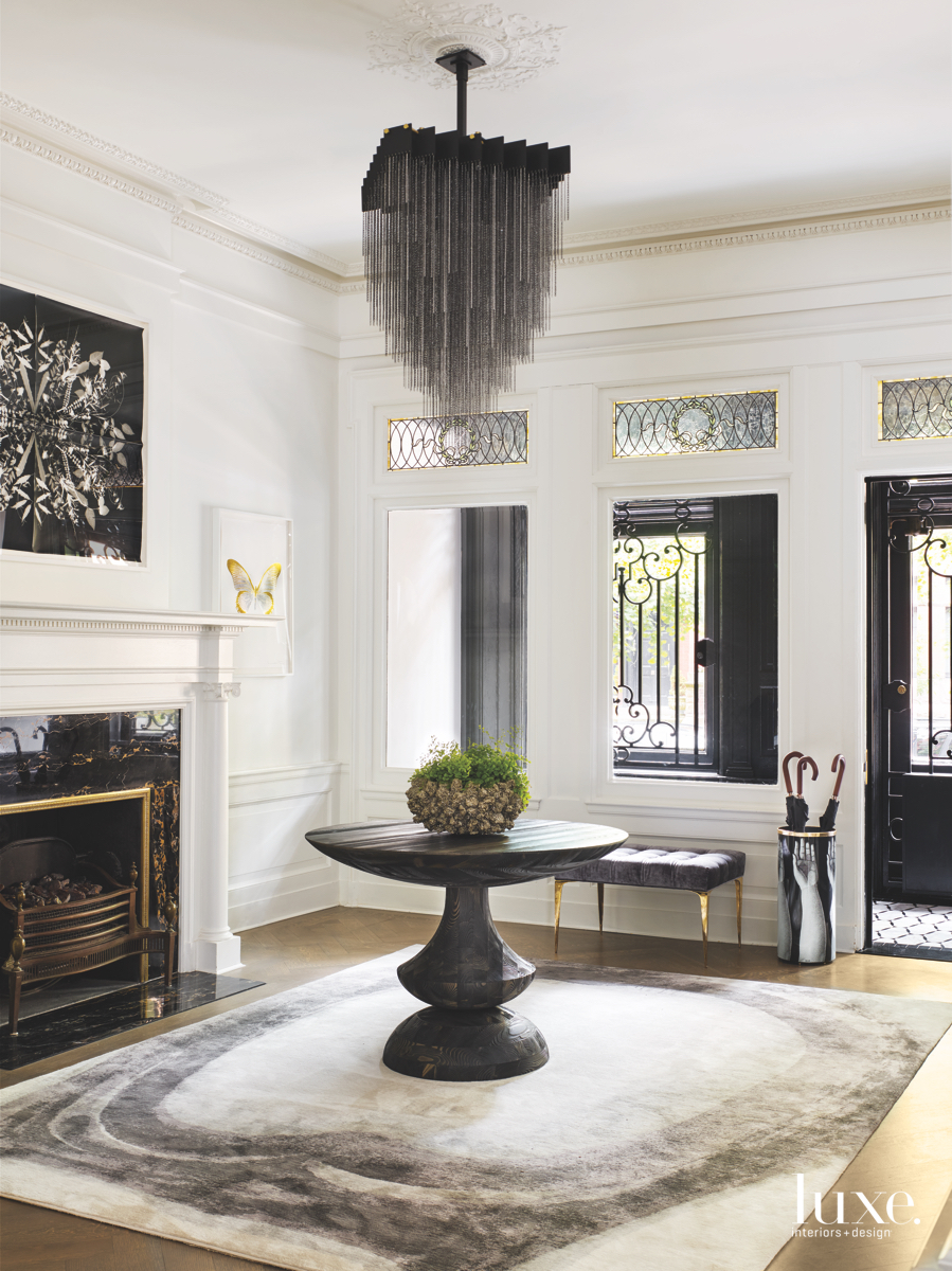 modern entry foyer black chandelier