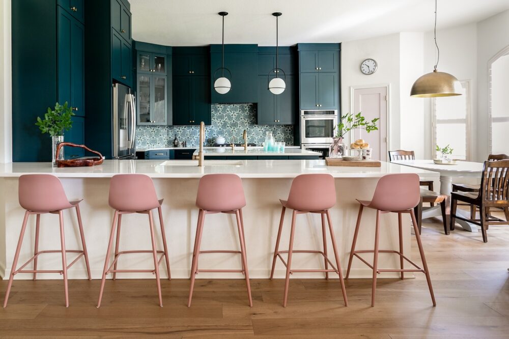 with pendant lights above. Cozy and stylish.