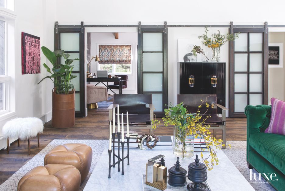 modern black paned sliding barn doors in living room