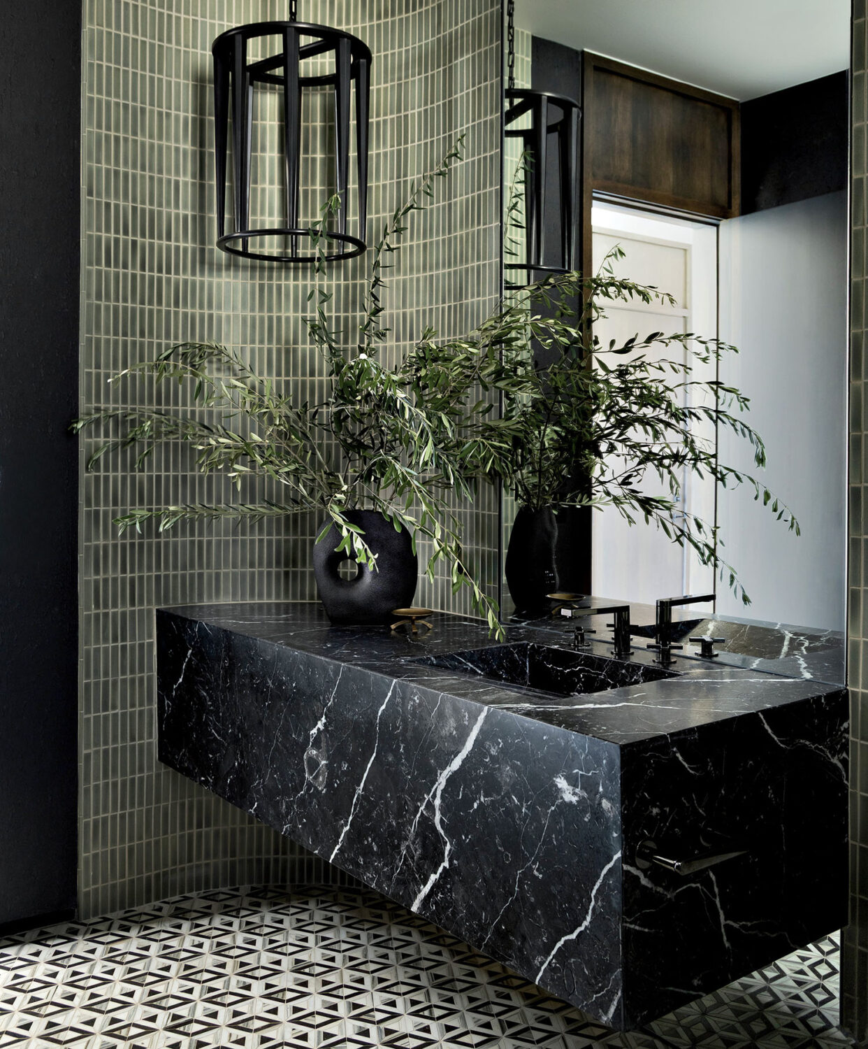 Elegant bathroom with luxurious black marble countertops and a sizable indoor plant enhancing the decor.