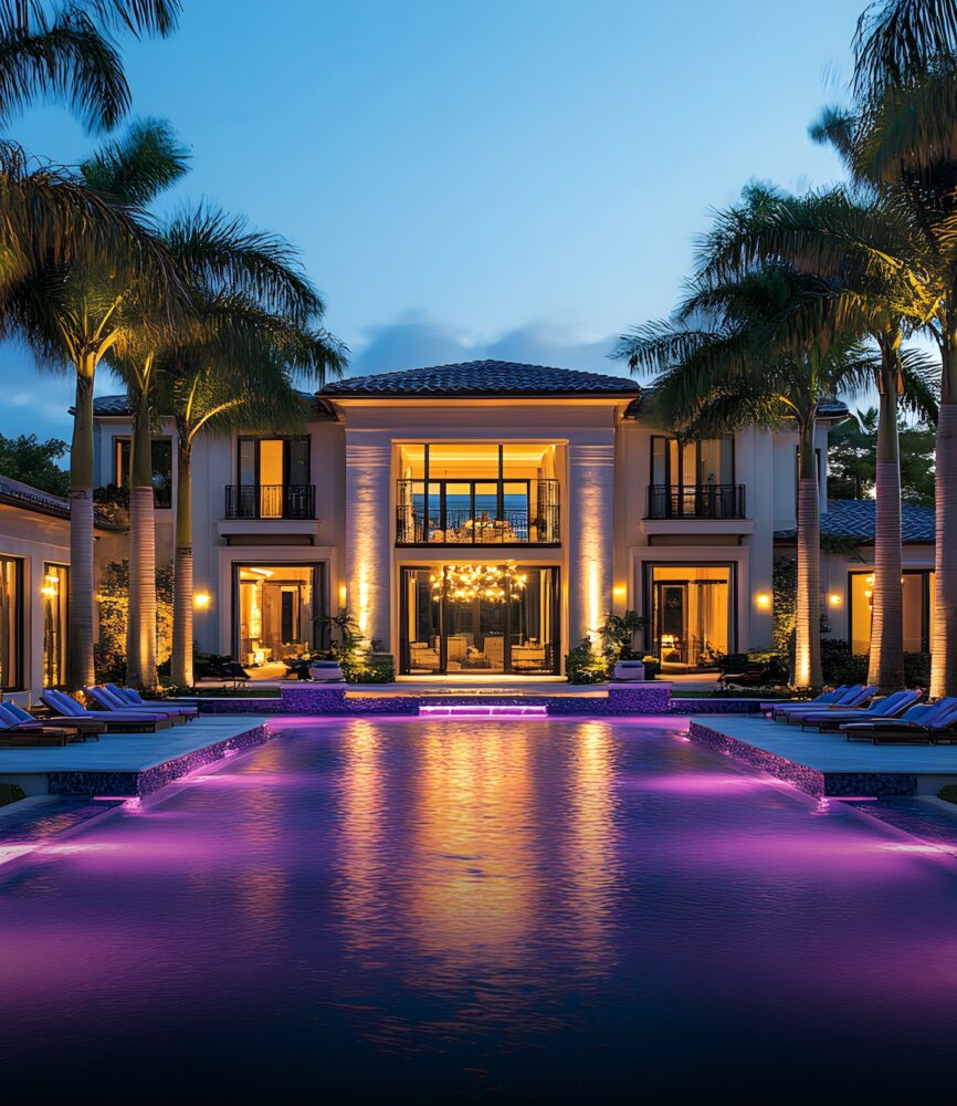 A luxurious two-story house with large windows, palm trees, and a swimming pool lit by purple lights in the evening.
