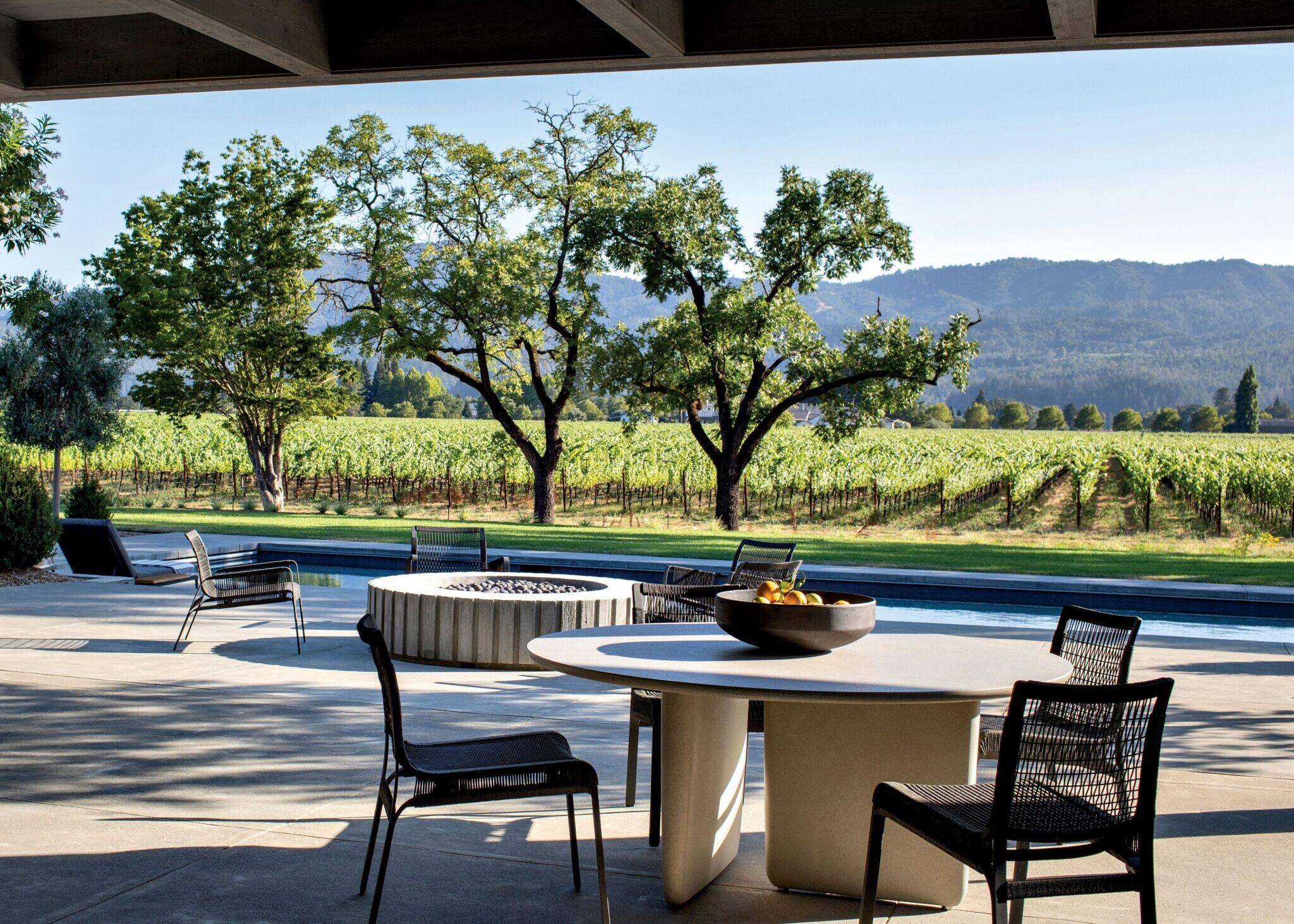 Outdoor patio with a round table, chairs, fire pit, pool, and a view of vineyard rows and distant hills under a clear sky.