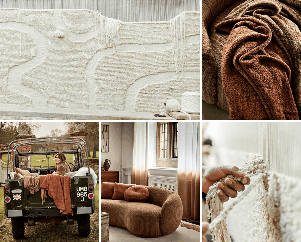 Collage of neutral-toned home textiles, featuring a textured wall hanging, brown throw, a woman with blankets near a jeep, a cozy living room, and a hand touching woven fabric.