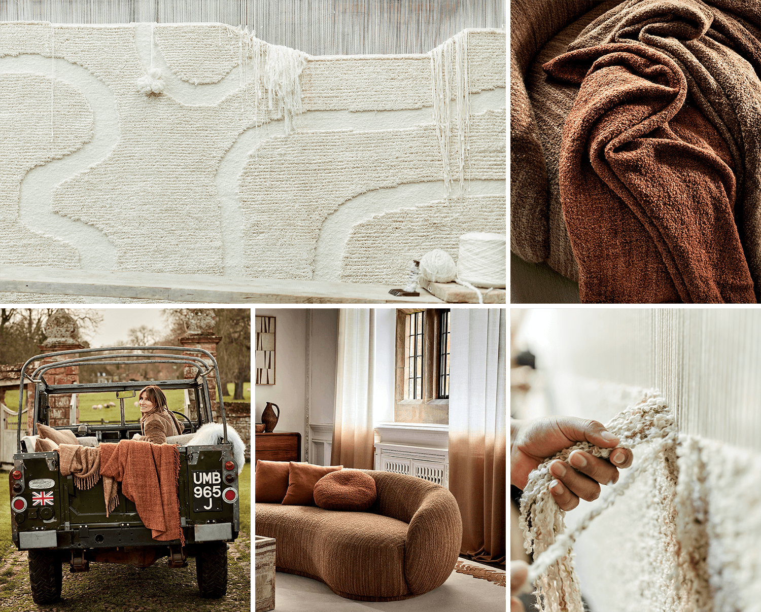 Collage of neutral-toned home textiles, featuring a textured wall hanging, brown throw, a woman with blankets near a jeep, a cozy living room, and a hand touching woven fabric.