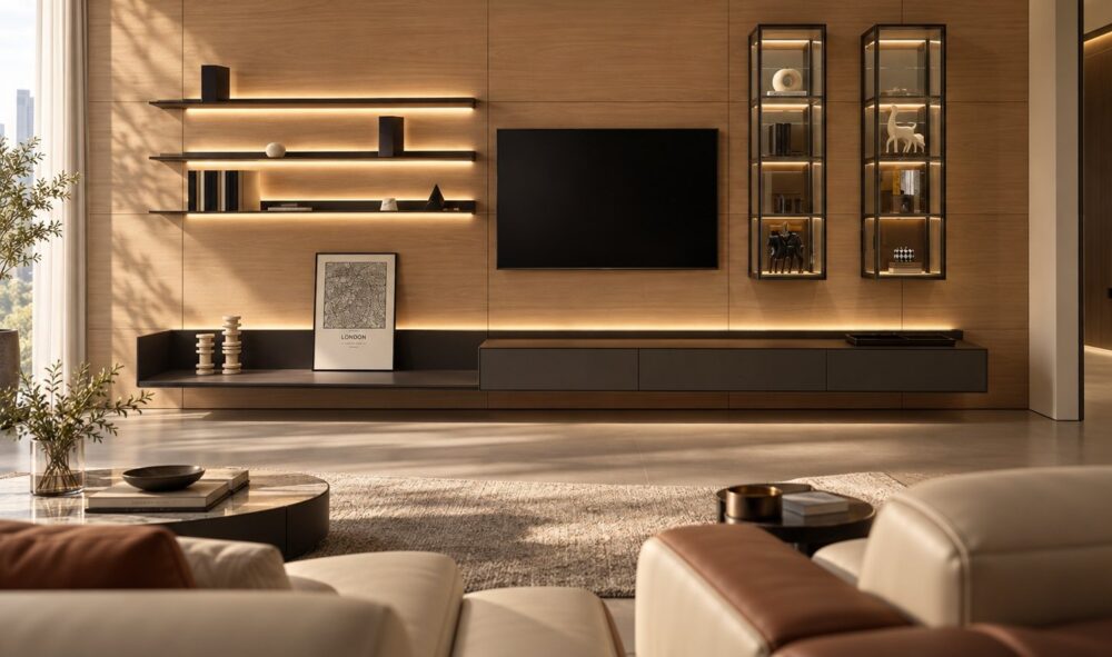 The Arundel wall system across a living room wall: lit open shelving, a low floating console and two glass display cabinets.