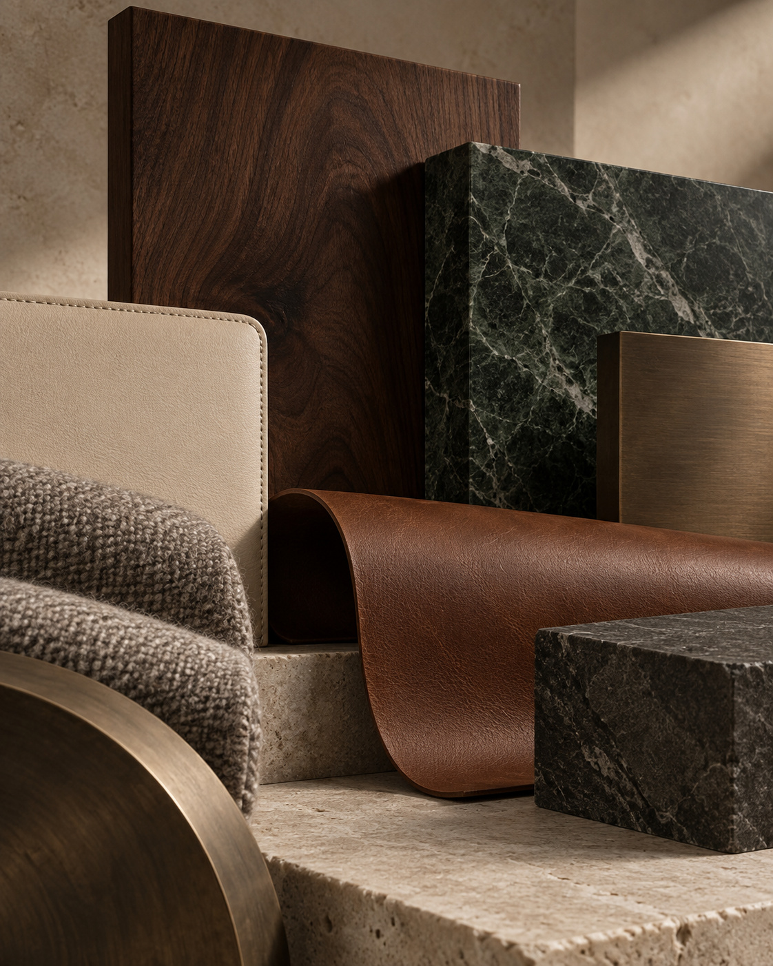 A collection of material samples including wood, leather, fabric, and stone.