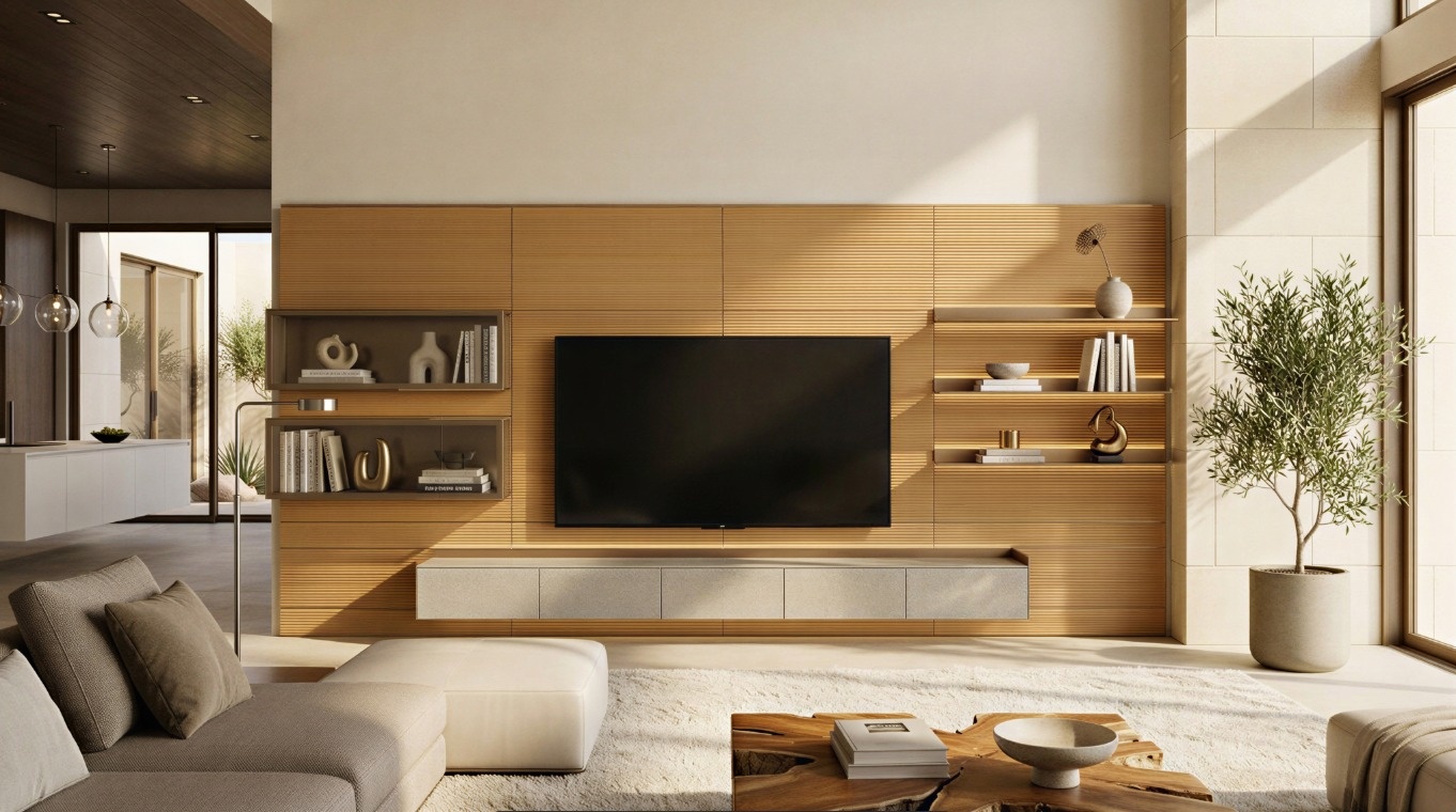 The Arundel wall system in an oak grain, with shelf boxes and lit floating shelves on either side of a television above a floating console.